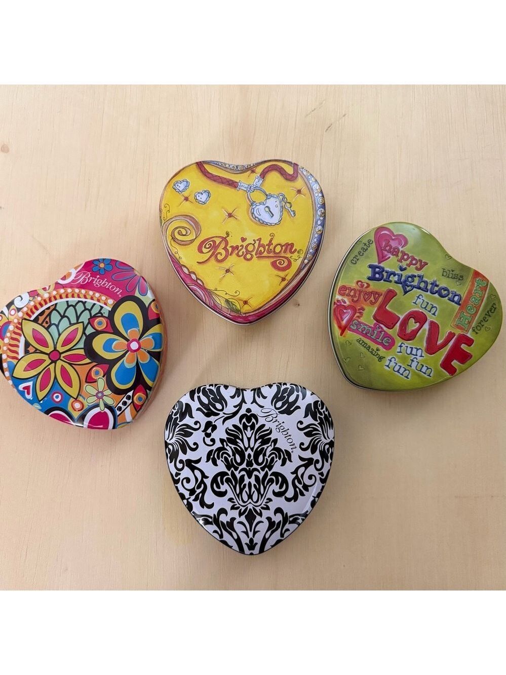 Set of 4 Brighton Colorful Heart-Shaped Tins Collectible. Empty